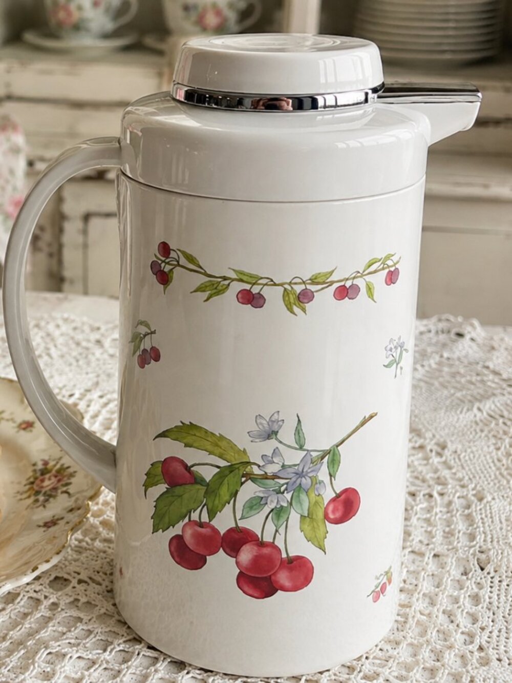 Vintage Cherry Floral Thermal Coffee Carafe 11” Cottagecore Shabby Chic